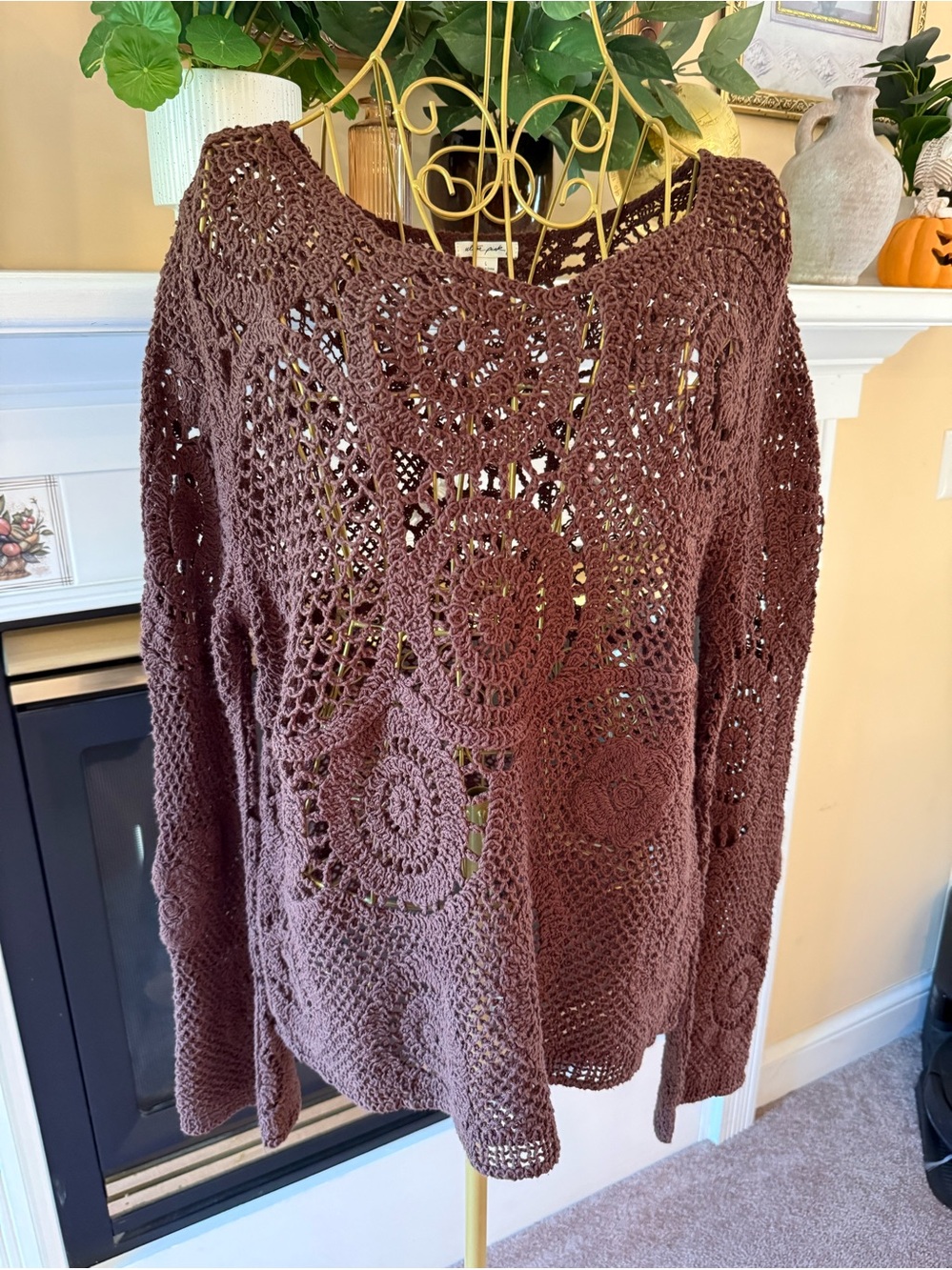 Brown Crochet Openwork Women's Sweater large by ultra Pink NEW